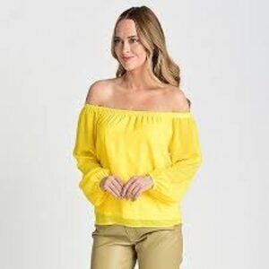Kate & Mallory Yellow Off Shoulder Blouse L NWOT Elastic Neck Balloon Sleeve